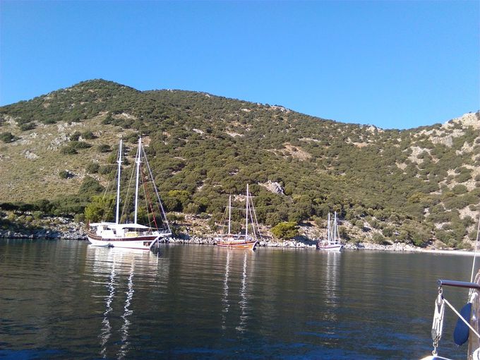 Gulets moored up for breakfast time and early swim.