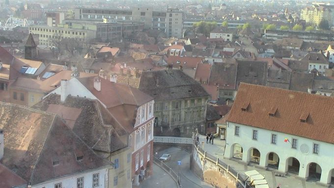 View from the top of the tower. See the Lying bridge in centre. Poor picture quality due to glass in window.