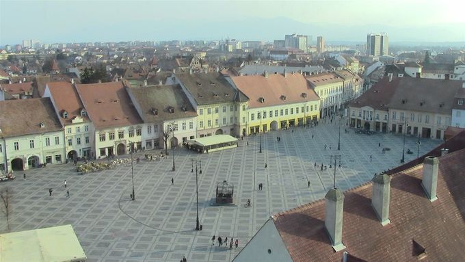 Piata Mare square seen from the clock tower. Blurry due to glass in windows.